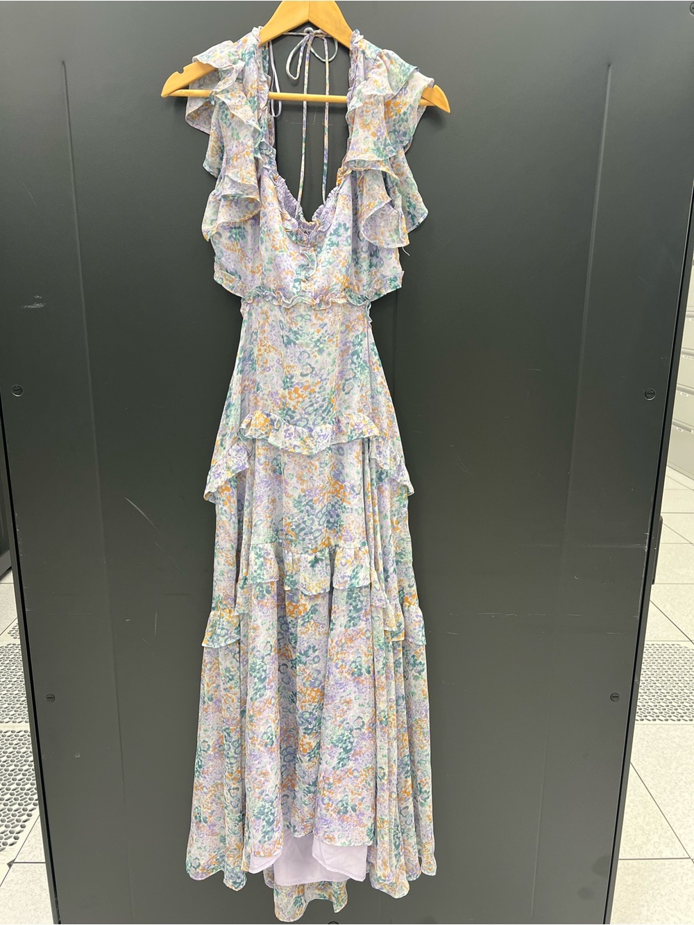 Astr Pastel Lilac Green Floral Ruffle Tiered Maxi Dress